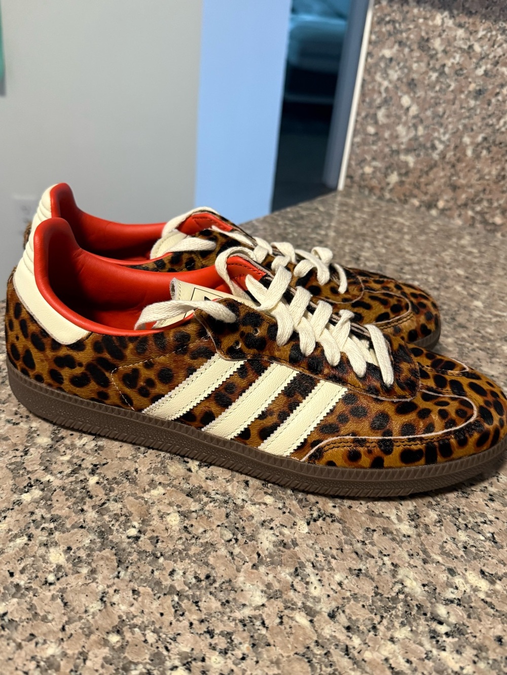 NEVER WORN adidas Leopard Print Sneaks with Cream Stripes and Red/orange lining